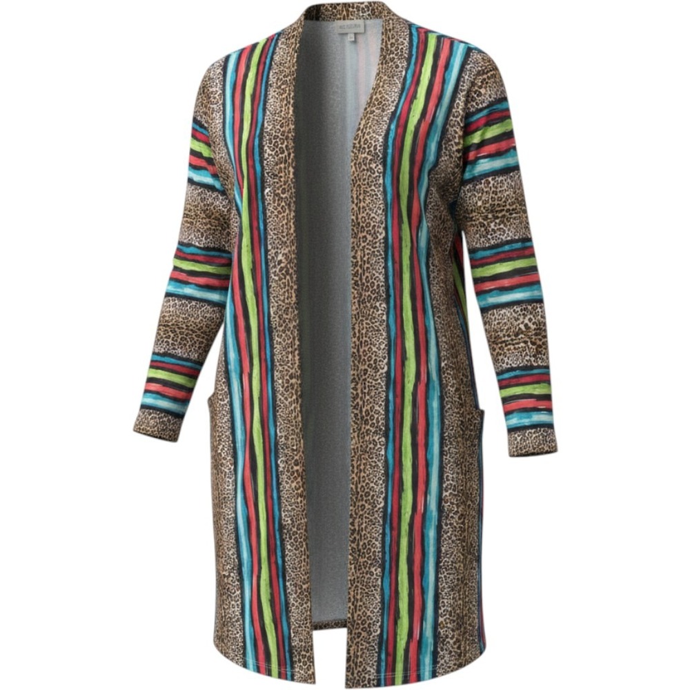 (B6) Cowgirl Hardware Leopard Stripe Open Front Duster Cardigan L Pockets Multi